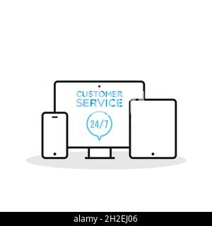 Abbildung Kundendienst 24/7. Symbole für Smartphone, Desktop-Computer und Tablet-Linien. Konzept von 24/7, 24 Stunden geöffnet, Support, Unterstützung, Kontakt, Stock Vektor