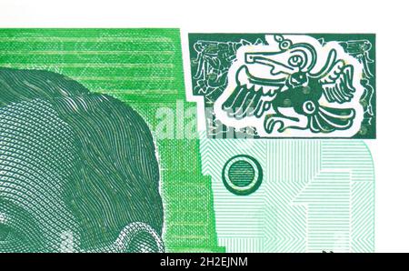 1 Quetzal-Banknote, Bank of Guatemala, Nahauflistungsbilderfragment zeigt, ausgestellt am 2012 Stockfoto