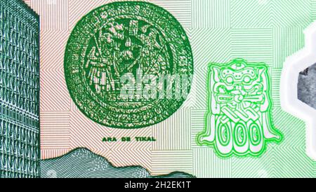 1 Quetzal-Banknote, Bank of Guatemala, Nahauflistungsfragment zeigt Leyden Plate (Placa de Leyden), ausgestellt am 2012 Stockfoto