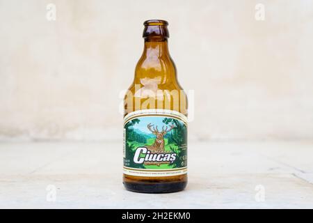 Bukarest, Rumänien - 6. Juni 2020: Eine braune Ciucas Bierflasche, traditionelles rumänisches Bier, auf dunkelweißem Hintergrund Stockfoto