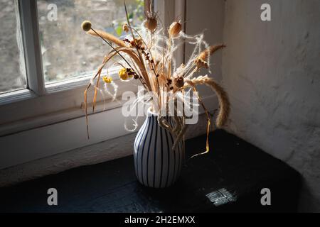 Präsentation von getrockneten Gräsern in einer Vase auf einer rustikalen Fensterbank in natürlichem Licht. Stockfoto