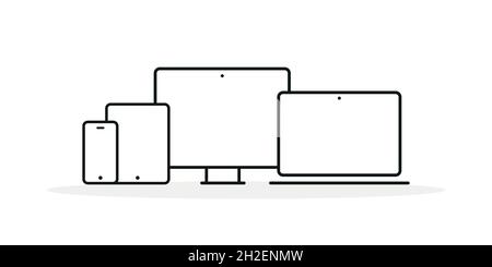 Gerätesymbole: Smartphone, Tablet, Laptop und Desktop-Computer. Vektorgrafik, flaches Design Stock Vektor