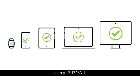 Gerätesymbole: Smartwatch, Smartphone, Tablet, Laptop und Desktop-Computer. Grünes markiert. Konzept von Qualität, Garantie, Zuverlässigkeit, Optimierung Stock Vektor
