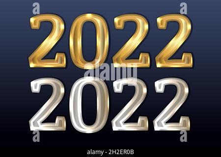 Ein Satz von Metallnummern 2022, ein Symbol für das neue Jahr. Layouts für Weihnachtskarten. Farben aus Gold und Silber. Auf blauem Hintergrund. Realisti Stock Vektor