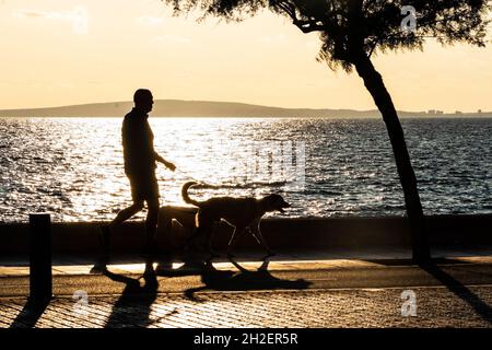 Silhouette des Mannes Walking Hund gegen hinterleuchteten Sonnenuntergang auf dem Meer in Can Pastilla Palma Mallorca Spanien Stockfoto