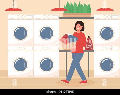 Glückliche Frau, die beim öffentlichen Wäscheservice einen Korb mit gewaschenen Kleidern hält. Self-Service-Wäscherei mit Waschmaschinen. Farbige flache Vektorgrafik Stock Vektor