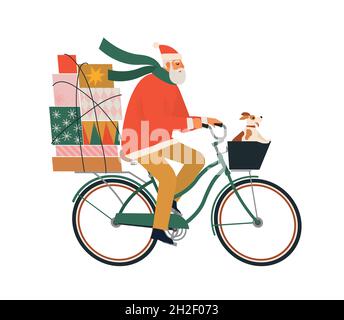 Ein älterer Mann, der als Weihnachtsmann gekleidet ist, fährt mit Geschenken und Hund auf dem Fahrrad. Weihnachtspostkarte. Vertikales Banner für den Winter. Vektorgrafik flach Stock Vektor