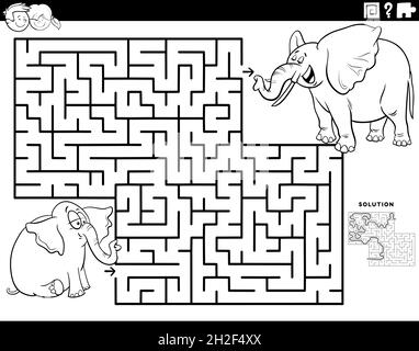 Schwarz-Weiß-Cartoon-Illustration der pädagogischen Labyrinth Puzzle-Spiel für Kinder mit Baby Elefant und Mama Färbung Buch Seite Stock Vektor
