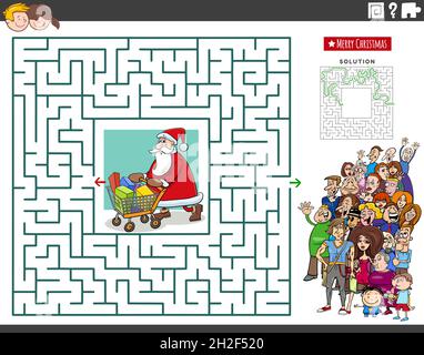 Cartoon Illustration von pädagogischen Labyrinth Puzzle-Spiel mit dem Weihnachtsmann mit Warenkorb von Weihnachtsgeschenken und Gruppe von Menschen Stock Vektor