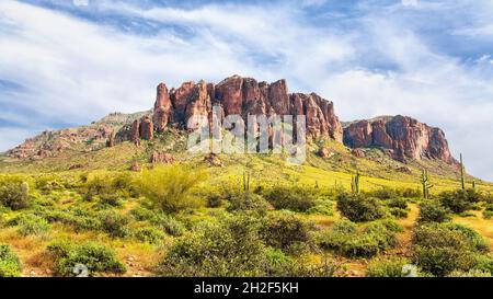 Flatiron Peak aus dem Lost Dutchman State Park am sonnigen Frühlingstag. Aberstition Mountains vom Treasure Loop Trail mit gelbem Brittlebush und saguaro. Stockfoto