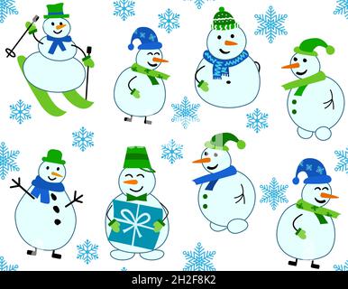 Wintermuster mit Schneemännern und Schneeflocken. Schneemann auf Skiern und mit Geschenk Stock Vektor