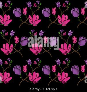 Nahtloses Aquarell florales Oberflächenmuster mit Magnolienblumen für Textildesign, Heimtextilien, Tapeten und digitale Hintergründe. Stockfoto