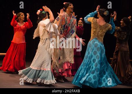 Malaga, Spanien. Oktober 2021. Flamenco-Tänzer der Flamenco-Tanzcompagnie 'Manuel Linan' treten auf der Bühne des Cervantes-Theaters auf.die spanische Flamenco-Compagnie 'Manuel Linan' hat im Rahmen der Tanzsaison 2021 ihre Performance 'Viva' im Cervantes-Theater präsentiert. Manuel Linan ist ein spanischer Flamenco-Tänzer und Choreograph und Tanzpreis 2017. Kredit: SOPA Images Limited/Alamy Live Nachrichten Stockfoto