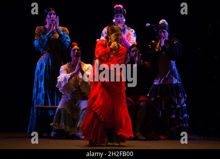 Malaga, Spanien. Oktober 2021. Flamenco-Tänzer der Flamenco-Tanzcompagnie 'Manuel Linan' treten auf der Bühne des Cervantes-Theaters auf.die spanische Flamenco-Compagnie 'Manuel Linan' hat im Rahmen der Tanzsaison 2021 ihre Performance 'Viva' im Cervantes-Theater präsentiert. Manuel Linan ist ein spanischer Flamenco-Tänzer und Choreograph und Tanzpreis 2017. Kredit: SOPA Images Limited/Alamy Live Nachrichten Stockfoto