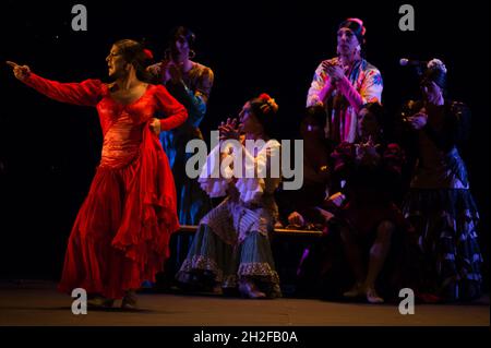 Malaga, Spanien. Oktober 2021. Flamenco-Tänzer der Flamenco-Tanzcompagnie 'Manuel Linan' treten auf der Bühne des Cervantes-Theaters auf.die spanische Flamenco-Compagnie 'Manuel Linan' hat im Rahmen der Tanzsaison 2021 ihre Performance 'Viva' im Cervantes-Theater präsentiert. Manuel Linan ist ein spanischer Flamenco-Tänzer und Choreograph und Tanzpreis 2017. Kredit: SOPA Images Limited/Alamy Live Nachrichten Stockfoto