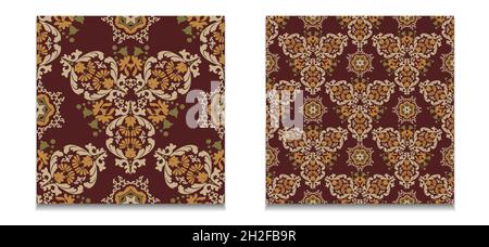 Zwei Vorlagen von Vektor-Blumenmustern. Vintage nahtlose Damast-Muster. Dekorative Fliesen mit floralen Mustern. Braun, Gold, beige, grüne Farbe. Stock Vektor