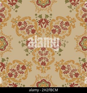 Vintage Shabby Victorian Blumenmuster. Nahtloses Vektormuster mit Grunge und Abrieb. Beige, goldfarben. Für Tapeten, Keramik oder Verpackungen. Stock Vektor