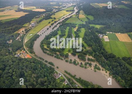 Luftbild, Ruhrflut, Hochwasser, Kettwig, Essener Golf Club Haus Oefte e.V., Essen, Ruhrgebiet, Nordrhein-Westfalen, Deutschland, Luftbild, Ruhr Stockfoto