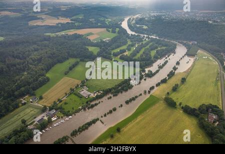 Luftbild, Ruhrflut, Hochwasser, Kettwig, Essener Golf Club Haus Oefte e.V., Essen, Ruhrgebiet, Nordrhein-Westfalen, Deutschland, Luftbild, Ruhr Stockfoto