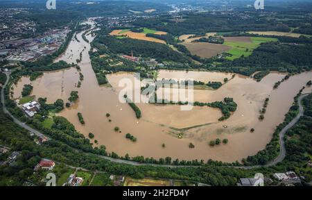 Luftbild, Ruhrflut, Wasserwerk Witten, Hochwasser, , Witten, Ruhrgebiet, Nordrhein-Westfalen, Deutschland, Luftbild, Ruhrhochwassser, Wasserwer Stockfoto