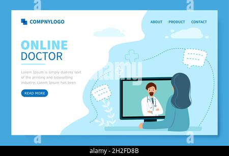Online-Arzt im Computer . Medizinische Beratung auf der Landing Page. Stock Vektor