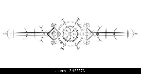 Magischer alter wikinger Art deco, Vegvisir magischer Navigationskompass uralt. Die Wikinger verwendeten viele Symbole in Übereinstimmung mit der nordischen Mythologie Zeichen Stock Vektor