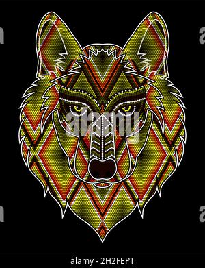 vektor-Illustration von bunten Perlen Wolfkopf in mexikanischen huichol Kunst inspiriert. Isoliert auf schwarzem Hintergrund. Stock Vektor