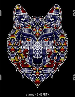 vektor-Illustration von bunten Perlen Wolfkopf in mexikanischen huichol Kunst inspiriert. Isoliert auf schwarzem Hintergrund. Stock Vektor