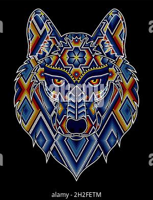 vektor-Illustration von bunten Perlen Wolfkopf in mexikanischen huichol Kunst inspiriert. Isoliert auf schwarzem Hintergrund. Stock Vektor