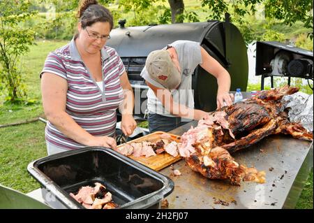 Schneiden und Schnitzen von Spieß-gebratenem Vollschwein auf einer Farm im Mittleren Westen, Blanchardville, Wisconsin, USA Stockfoto