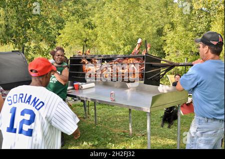 Das schwere, mit Spucken geröstete ganze Schwein auf einen Tisch draußen auf einer Farm im Mittleren Westen in Blanchardville, Wisconsin, USA, zu bringen Stockfoto