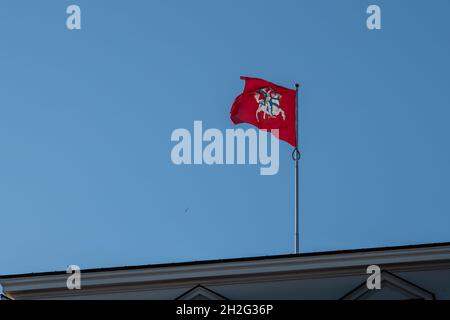 Die historische Nationalflagge Litauens auf dem blauen Himmel Stockfoto