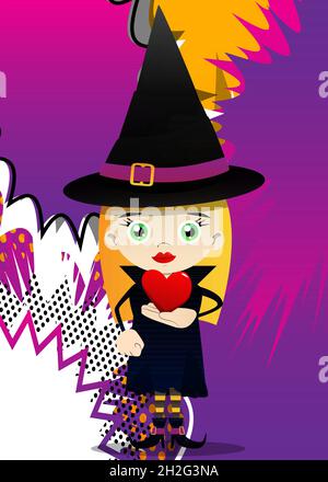 Für Halloween gekleidete Kinder halten rotes Herz in der Hand. Vektor Cartoon Figur Illustration von Kindern bereit zu Trick or Treat. Stock Vektor