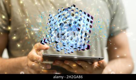 3D-Rendering von polygonalen Drahtbildbildern sieht aus wie eine Konstellation, die über einem mobilen Tablet schwebt Stockfoto