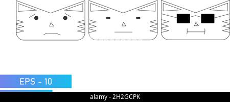 Einfache Katze oder Tiger Gesicht in linearen Stil mit Emotionen, gleichgültig, niedlich, cool. Symbol. Isoliert auf weißem Hintergrund. Flache Vektorgrafik. Stock Vektor