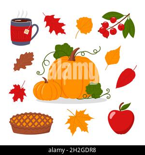 Set mit niedlichen Herbstillustrationen, Herbstkollektion, isolierten flachen Vektorillustrationen auf weißem Hintergrund Stock Vektor