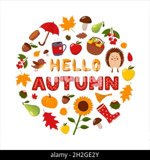 Serie von Illustrationen Hallo Herbst mit Typografie. Farbenfrohe Herbstkollektion. Isolierte flache Vektorgrafiken auf weißem Hintergrund Stock Vektor