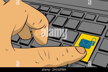 Senden verschlüsselter E-Mail-Schutz blaues Secure Mail-Internet-Symbol auf der Computertastatur. Mann drückt Tastatur auf Laptop. Konzept im Comic-Stil. Stock Vektor