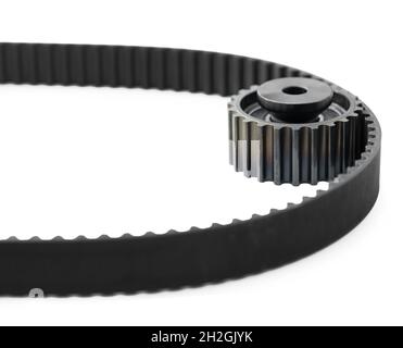 Neuer Zahnriemen auf weißem, isoliertem Hintergrund Stockfoto