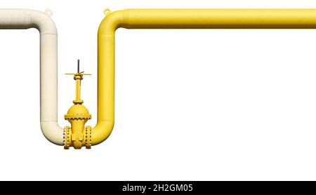 Großes Wasserabsperrventil mit Flanschen und Hebel am Rohrleitungssystem isoliert auf weißem Hintergrund, Vorderansicht Stockfoto