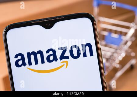 Amazon ist ein US-amerikanisches multinationales Technologieunternehmen, das sich auf E-Commerce, Cloud Computing, digitales Streaming und künstliche Intelligenz konzentriert. Stockfoto