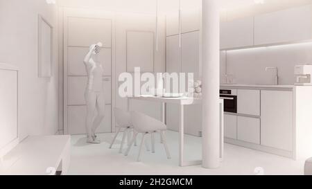 Computergeneriertes Bild eines Wohnzimmers. Architekturvisualisierung. 3D-Schwarzweißrendering. Immobilien- und Technologiekonzepte Stockfoto