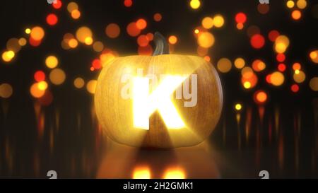 Buchstabe K auf Halloween Kürbis geschnitzt. 3d-Illustration mit Bokeh-Effekt auf dem Hintergrund. Geeignet für halloween, Alphabet und Urlaub Sale Themen. Stockfoto