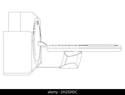 Kontur eines medizinischen Tomographen aus schwarzen, auf weißem Hintergrund isolierten Linien. Seitenansicht. Vektorgrafik Stock Vektor