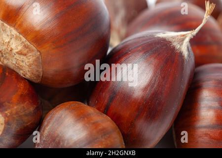 Mehrere frische Kastanien auf einem Haufen Nahaufnahme Stockfoto