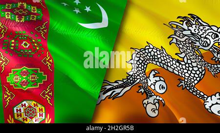 Turkmenistan und Bhutan Flaggen. 3D-Design mit winkender Flagge. Turkmenistan Bhutan Flagge, Bild, Tapete. Turkmenistan vs Bhutan Bild, 3D-Rendering. Turkmenisch Stockfoto