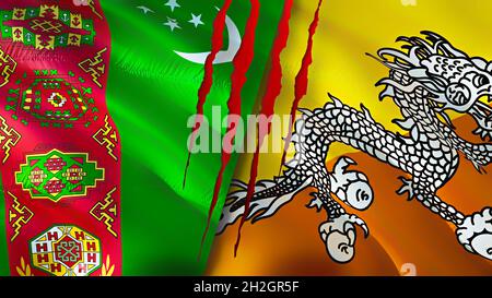 Turkmenistan und Bhutan Flaggen mit Narbenkonzept. 3D-Rendering mit schwenkender Flagge. Turkmenistan und Bhutan Konfliktkonzept. Turkmenistan Bhutan Beziehungen con Stockfoto