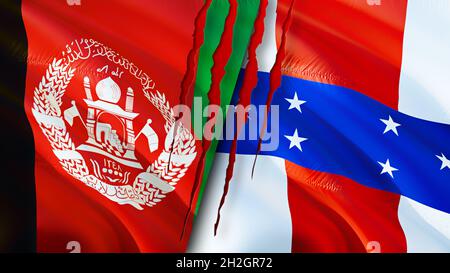 Flaggen der afghanischen und niederländischen Antillen mit Narbenkonzept. Winkende Flagge, 3D-Rendering. Konfliktkonzept der Niederländischen Antillen und Afghanistans. Afghani Stockfoto