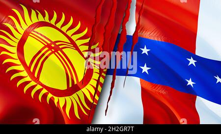 Kirgisistan und Niederländische Antillen Flaggen mit Narbenkonzept. Winkende Flagge, 3D-Rendering. Konfliktkonzept Kirgisistan und Niederländische Antillen. Kirgisistan Stockfoto