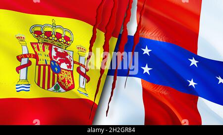 Flaggen der spanischen und niederländischen Antillen mit Narbenkonzept. Winkende Flagge, 3D-Rendering. Konfliktkonzept der spanischen und niederländischen Antillen. Spanien Niederlande A Stockfoto